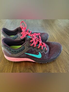 Nike Air Zoom Terra Kiger Burgundy Trainers with Teal Swoosh and Pink
